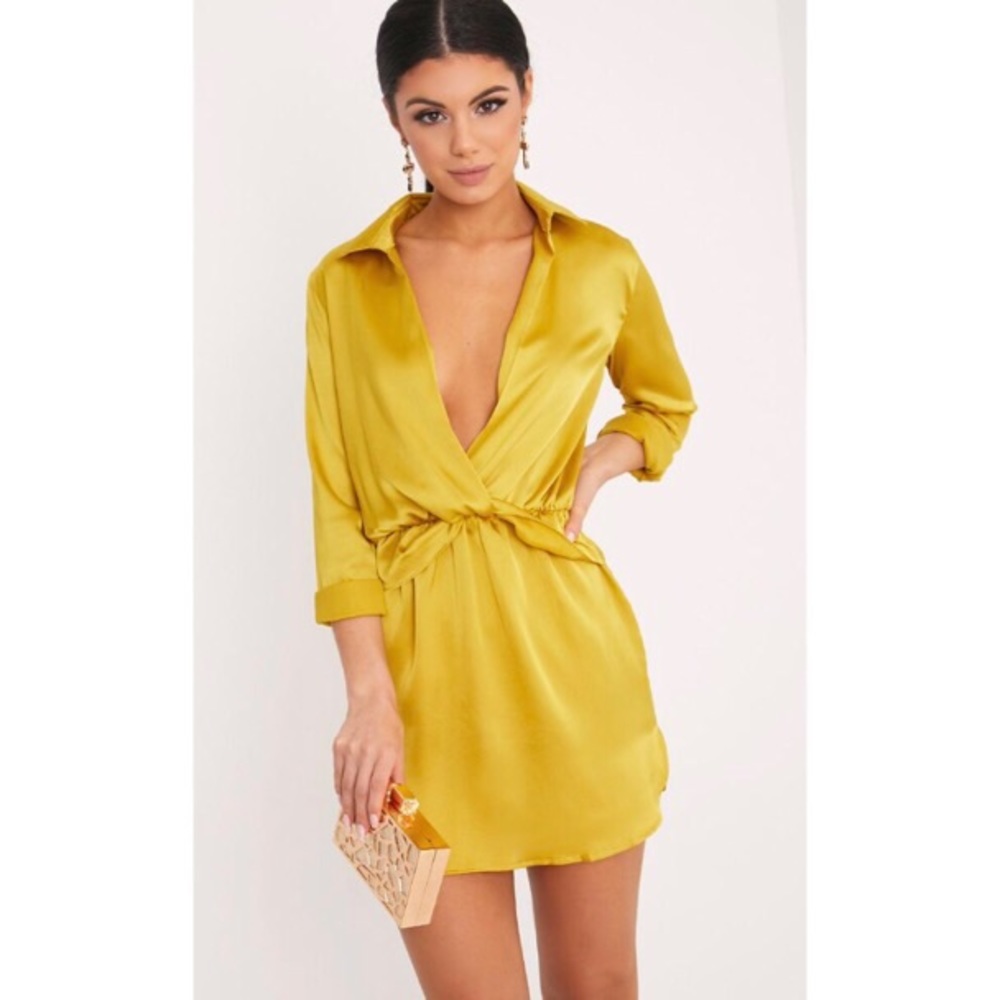PrettyLittleThing Twist Front Silky Shirt Dress